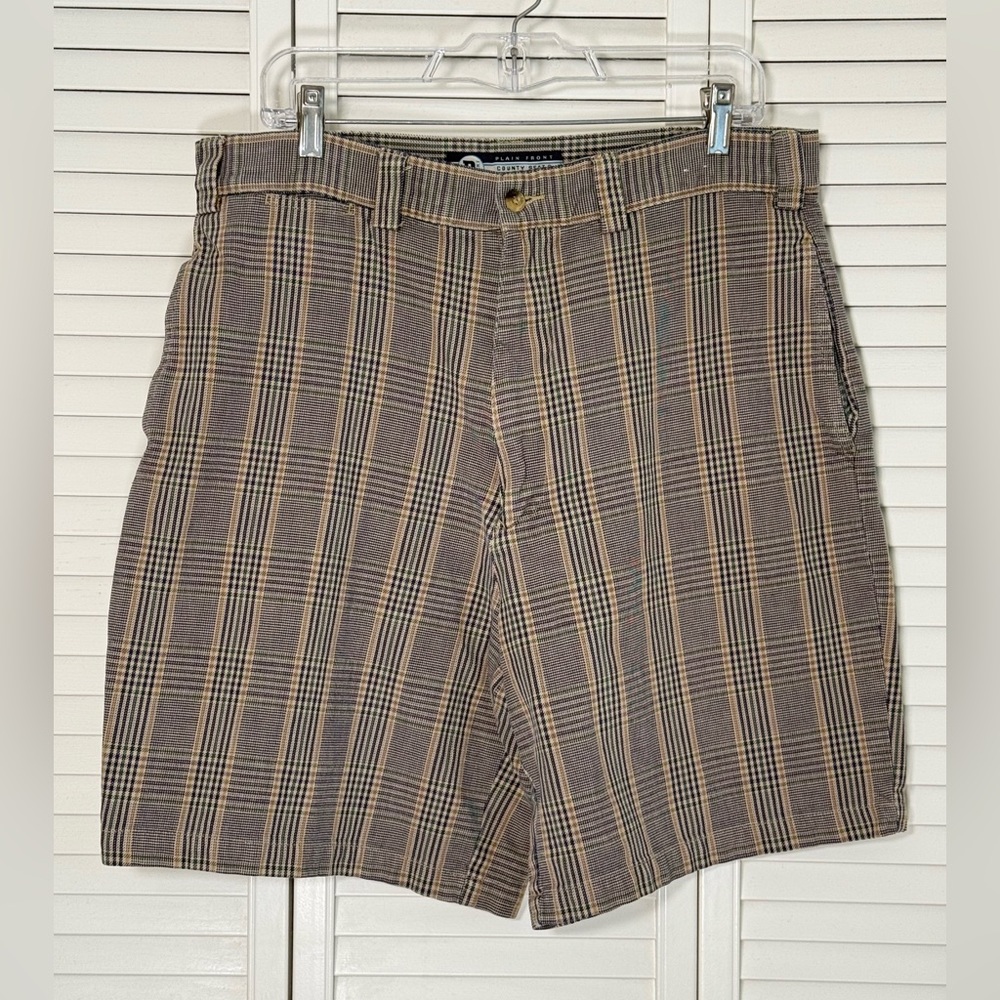Vintage 90s County Seat Men’s 34 Plaid Shorts Tan Navy Cotton Flat Front Chino